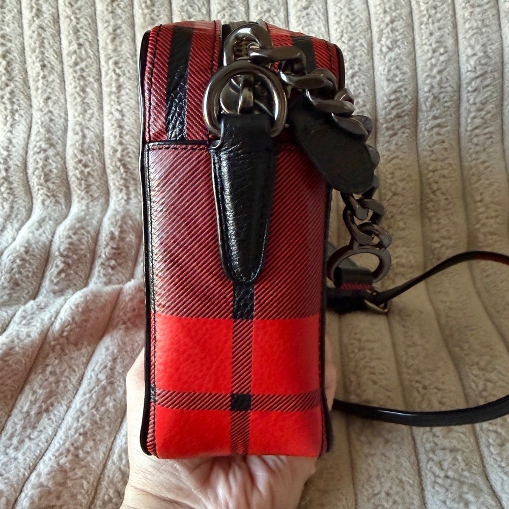 Coach Buffalo Plaid Red Black Leather Crossbody Camera Bag Gunmetal Hardware - Picture 8 of 13